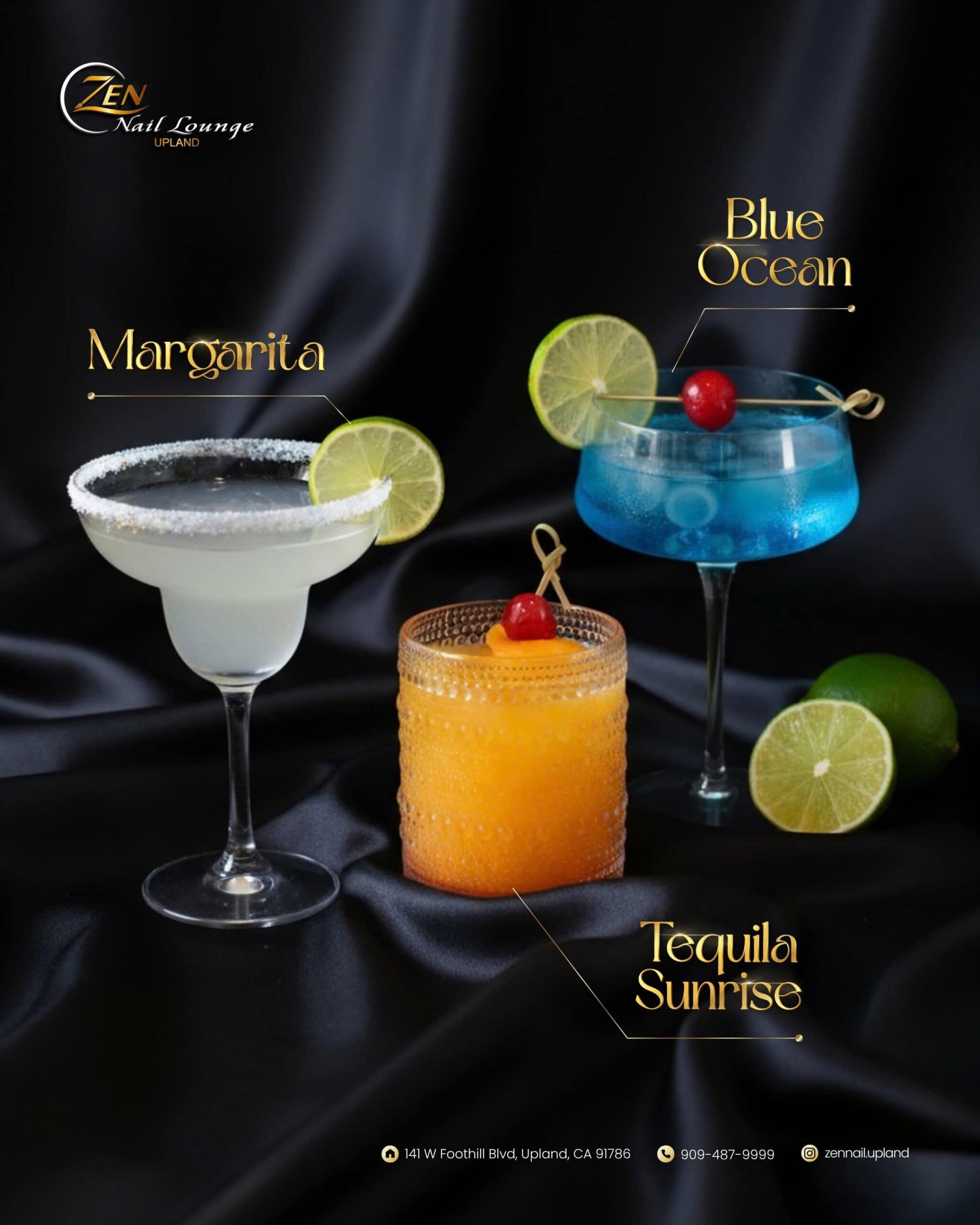 Delicious cocktails including Margarita, Blue Ocean, and Tequila Sunrise served at Zen Nail Lounge U.