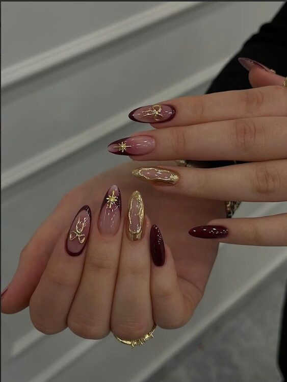 Dark red and gold chrome nails - Luxury nail experience in Upland