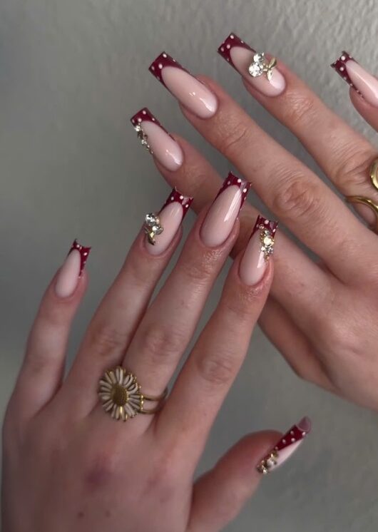 Red french tips with gems - Best luxury nail experience in Upland